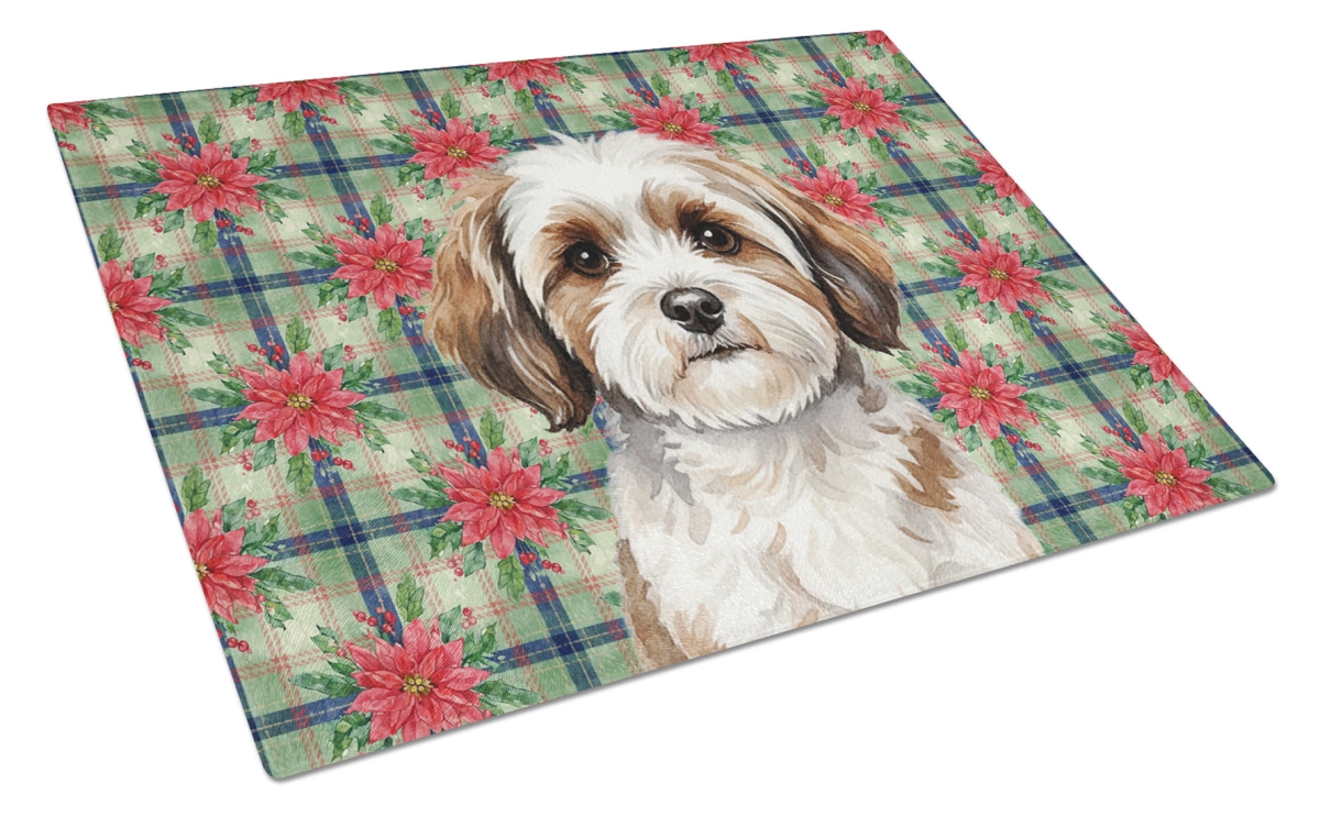 Picture of Carolines Treasures WDK8668LCB Unisex Adult Parti-color Havanese Christmas Poinsettias Glass Cutting Board - 15 x 12 in.