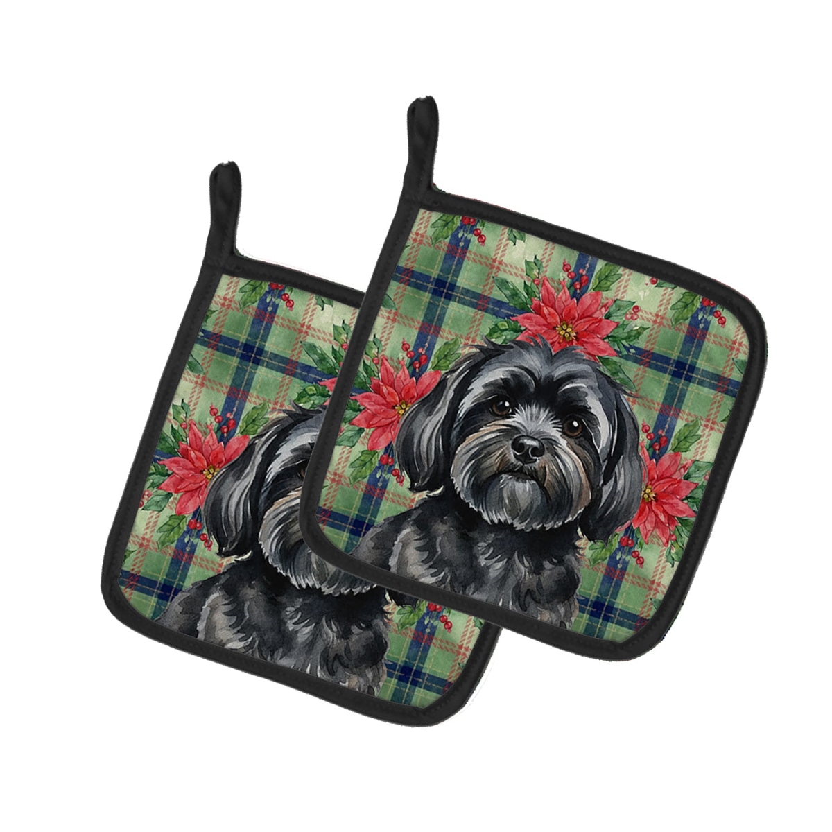 Picture of Carolines Treasures WDK8701PTHD Unisex Adult Black Lhasa Apso Christmas Poinsettias Pot Holders - 7.5 x 7.5 in. - Set of 2