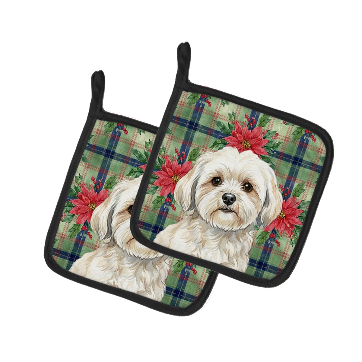 Picture of Carolines Treasures WDK8705PTHD Unisex Adult White Lhasa Apso Christmas Poinsettias Pot Holders - 7.5 x 7.5 in. - Set of 2