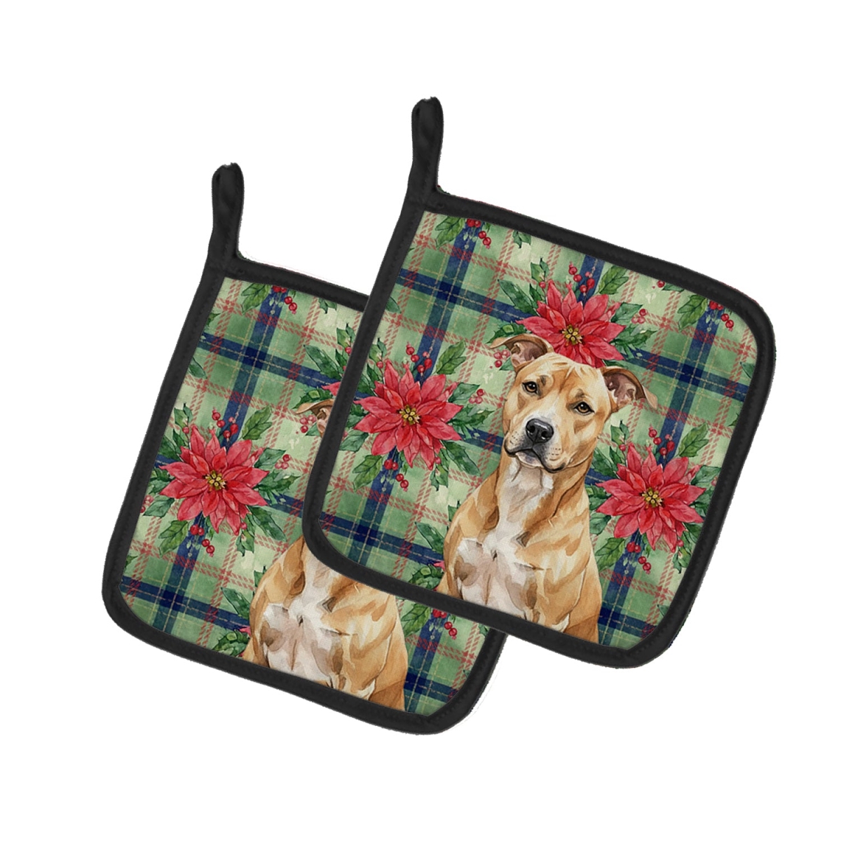 Picture of Carolines Treasures WDK8484PTHD Unisex Adult Fawn American Staffordshire Terrier Christmas Poinsettias Pot Holders - 7.5 x 7.5 in. - Set of 2
