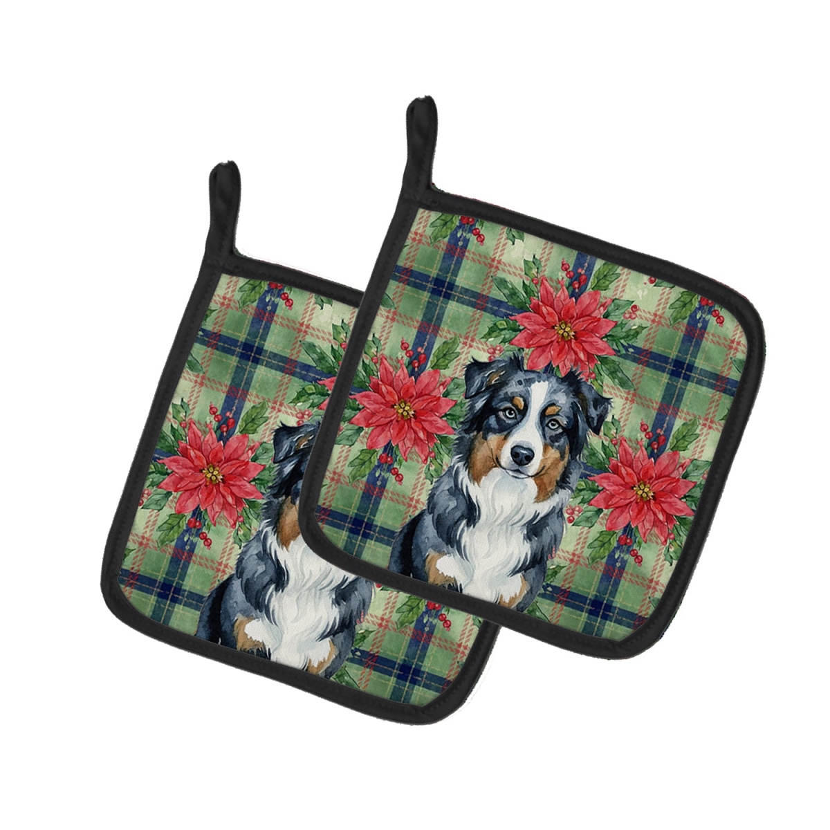 Picture of Carolines Treasures WDK8489PTHD Unisex Adult Black Australian Shepherd Christmas Poinsettias Pot Holders - 7.5 x 7.5 in. - Set of 2
