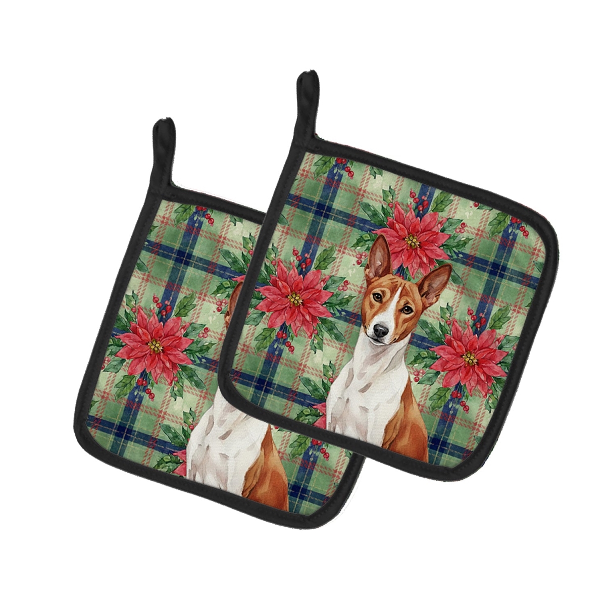Picture of Carolines Treasures WDK8494PTHD Unisex Adult Red & White Basenji Christmas Poinsettias Pot Holders - 7.5 x 7.5 in. - Set of 2