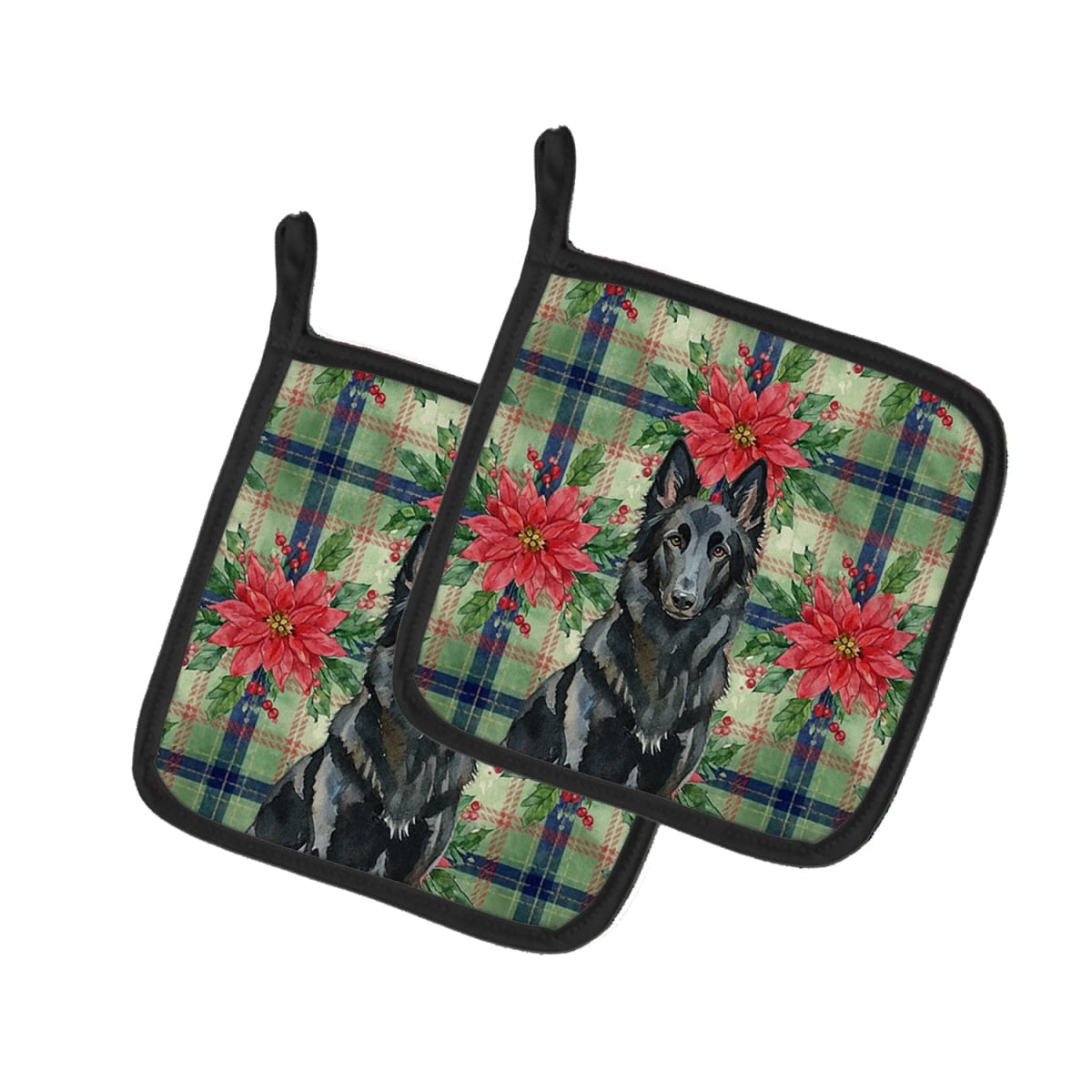 Picture of Carolines Treasures WDK8510PTHD Unisex Adult Belgian Sheepdog Groenendael Christmas Poinsettias Pot Holders - 7.5 x 7.5 in. - Set of 2