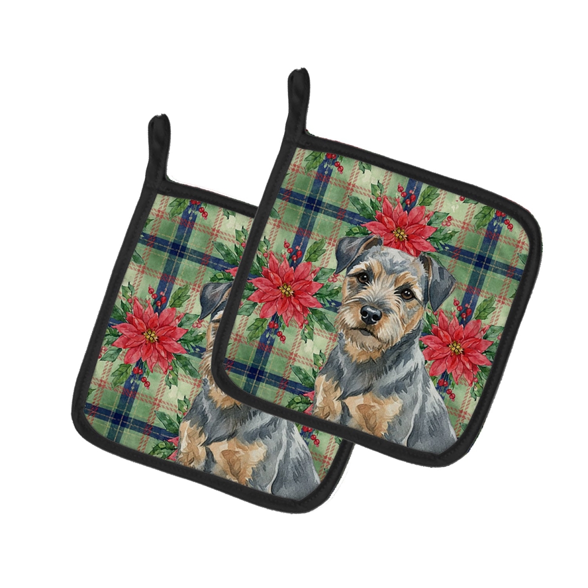 Picture of Carolines Treasures WDK8525PTHD Unisex Adult Blue & Tan Border Terrier Christmas Poinsettias Pot Holders - 7.5 x 7.5 in. - Set of 2
