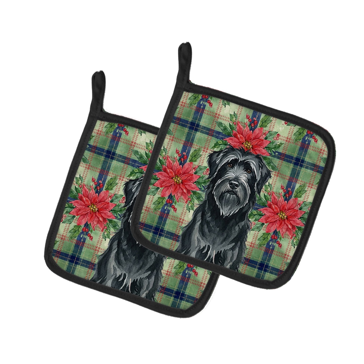 Picture of Carolines Treasures WDK8540PTHD Unisex Adult Black Briard Christmas Poinsettias Pot Holders - 7.5 x 7.5 in. - Set of 2