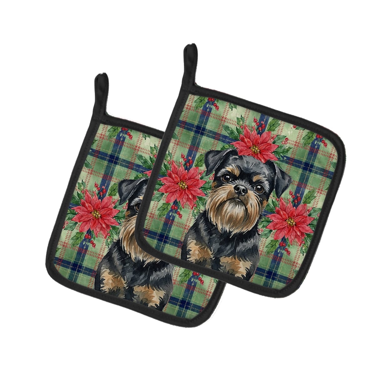 Picture of Carolines Treasures WDK8547PTHD Unisex Adult Black & Tan Brussels Griffon Christmas Poinsettias Pot Holders - 7.5 x 7.5 in. - Set of 2