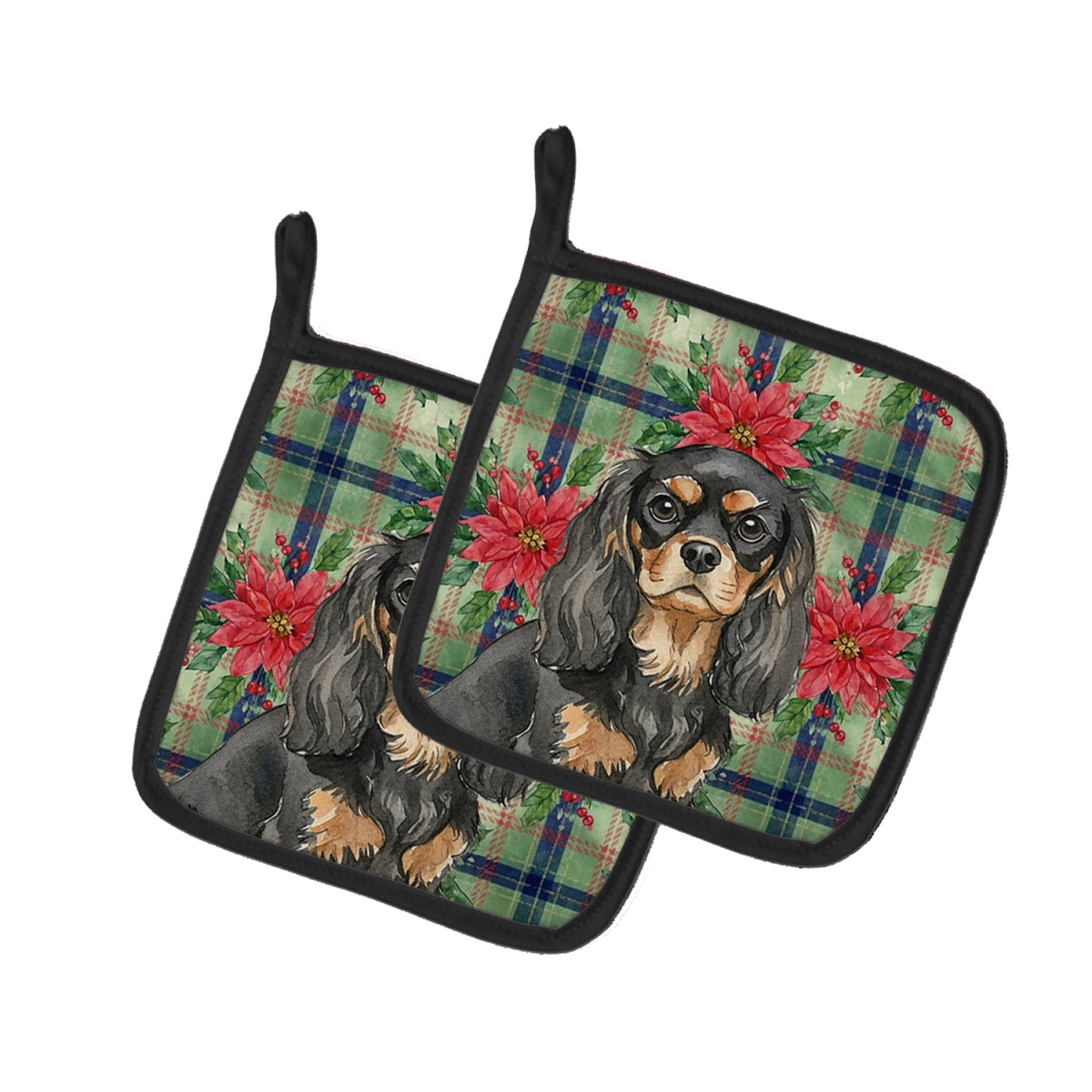 Picture of Carolines Treasures WDK8562PTHD Unisex Adult Black & Tan Cavalier Spaniel Christmas Poinsettias Pot Holders - 7.5 x 7.5 in. - Set of 2