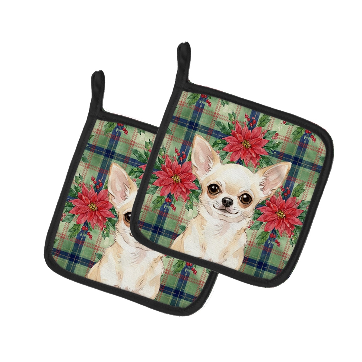 Picture of Carolines Treasures WDK8572PTHD Unisex Adult Cream Chihuahua Christmas Poinsettias Pot Holders - 7.5 x 7.5 in. - Set of 2