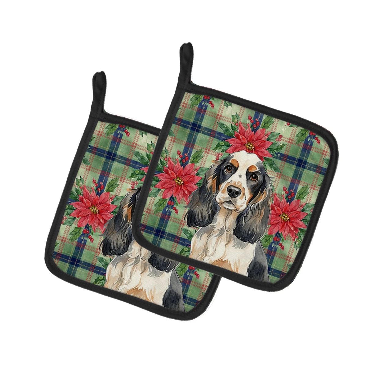 Picture of Carolines Treasures WDK8584PTHD Unisex Adult Parti Cocker Spaniel Christmas Poinsettias Pot Holders - 7.5 x 7.5 in. - Set of 2
