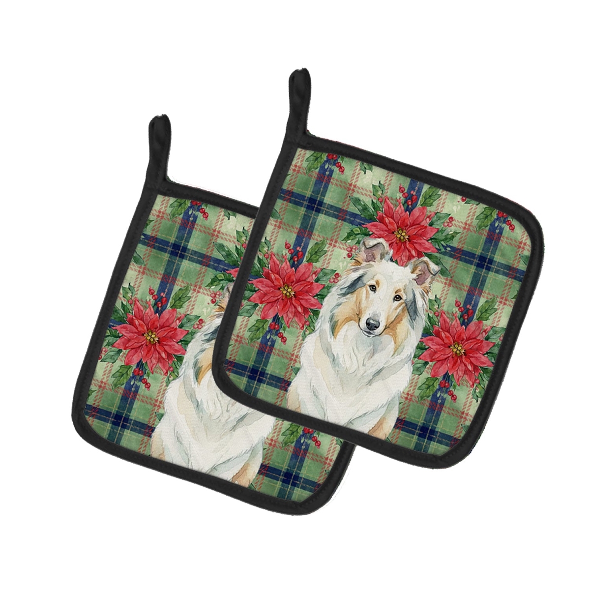 Picture of Carolines Treasures WDK8588PTHD Unisex Adult White Collie Christmas Poinsettias Pot Holders - 7.5 x 7.5 in. - Set of 2