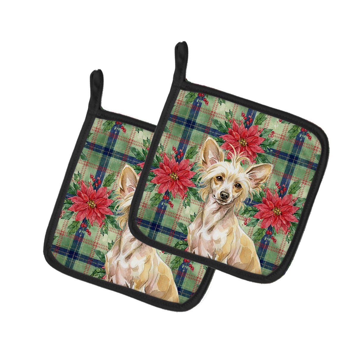 Picture of Carolines Treasures WDK8575PTHD Unisex Adult Hairless Palomino Chinese Crested Christmas Poinsettias Pot Holders - 7.5 x 7.5 in. - Set of 2