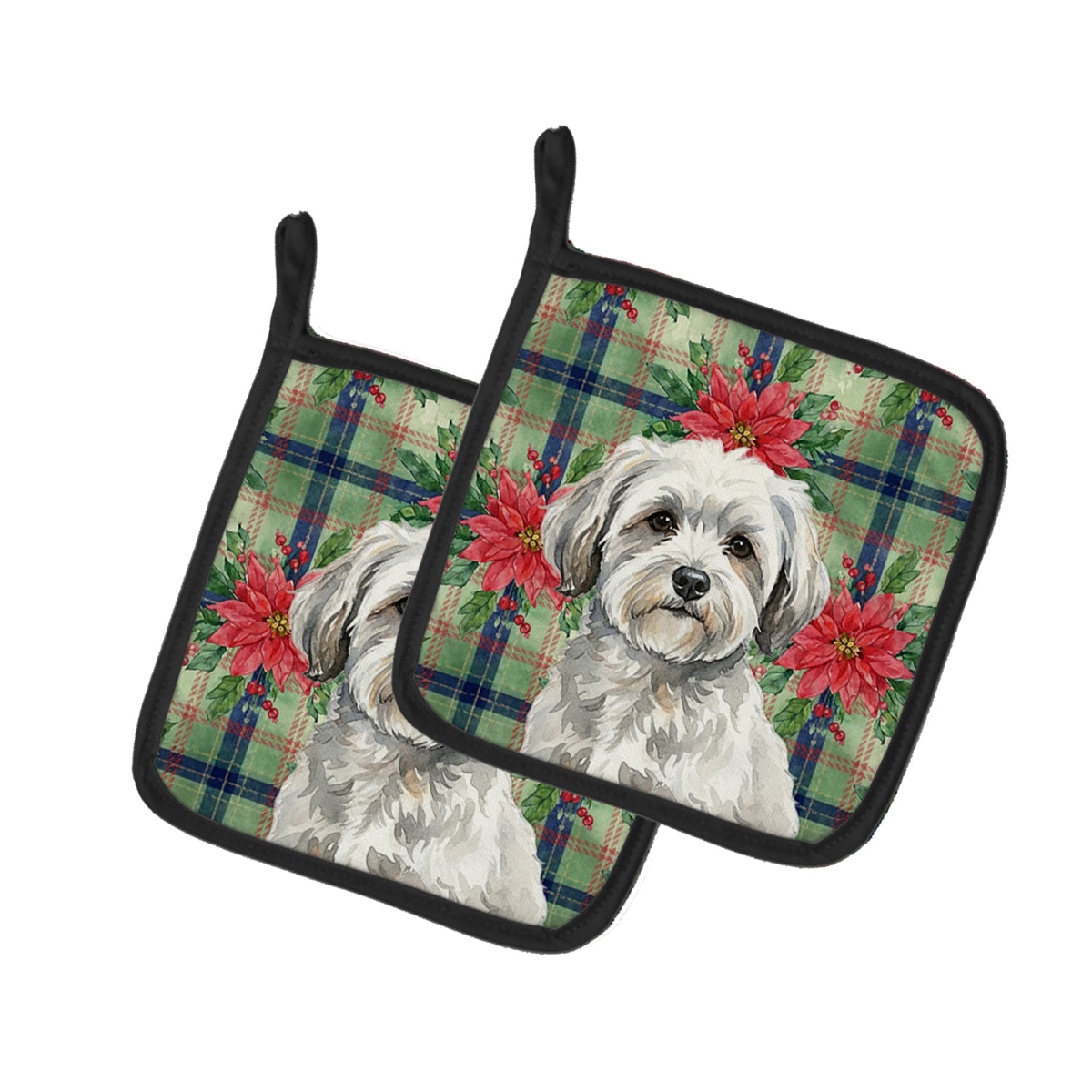 Picture of Carolines Treasures WDK8590PTHD Unisex Adult White with Gray Coton De Tulear Christmas Poinsettias Pot Holders - 7.5 x 7.5 in. - Set of 2