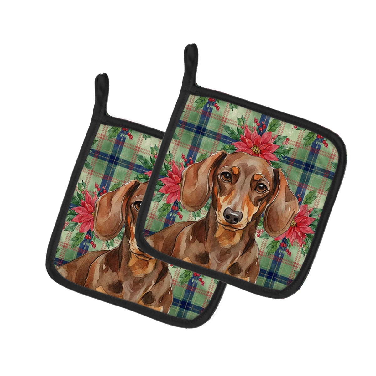 Picture of Carolines Treasures WDK8592PTHD Unisex Adult Chocolate & Tan Dachshund Christmas Poinsettias Pot Holders - 7.5 x 7.5 in. - Set of 2