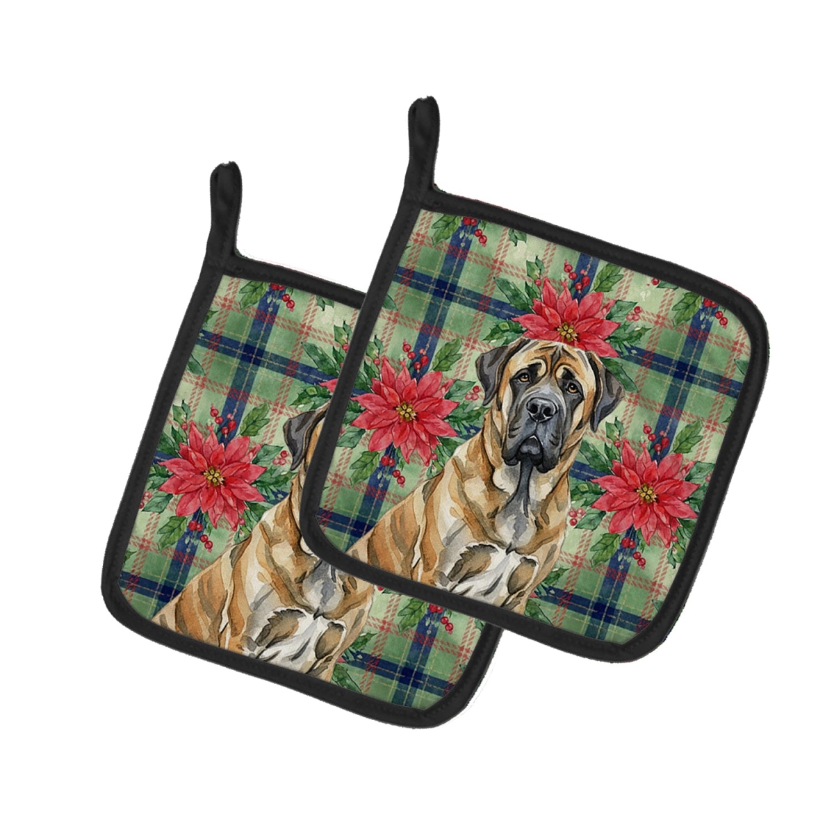 Picture of Carolines Treasures WDK8625PTHD Unisex Adult Brindle English Mastiff Christmas Poinsettias Pot Holders - 7.5 x 7.5 in. - Set of 2