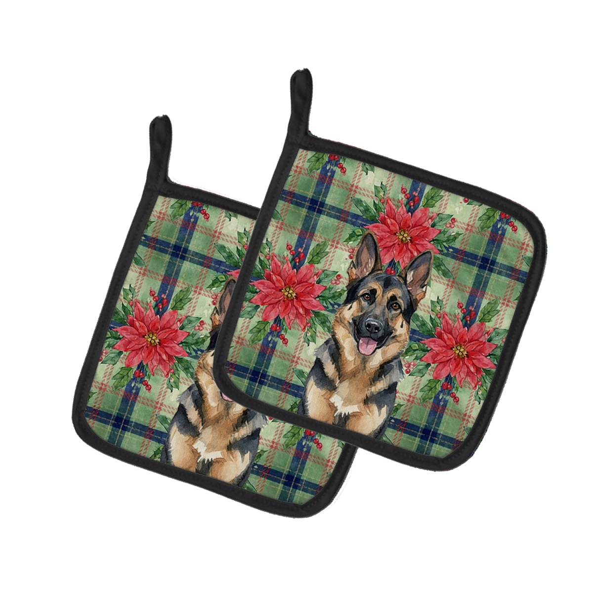 Picture of Carolines Treasures WDK8646PTHD Unisex Adult German Shepherd Christmas Poinsettias Pot Holders - 7.5 x 7.5 in. - Set of 2
