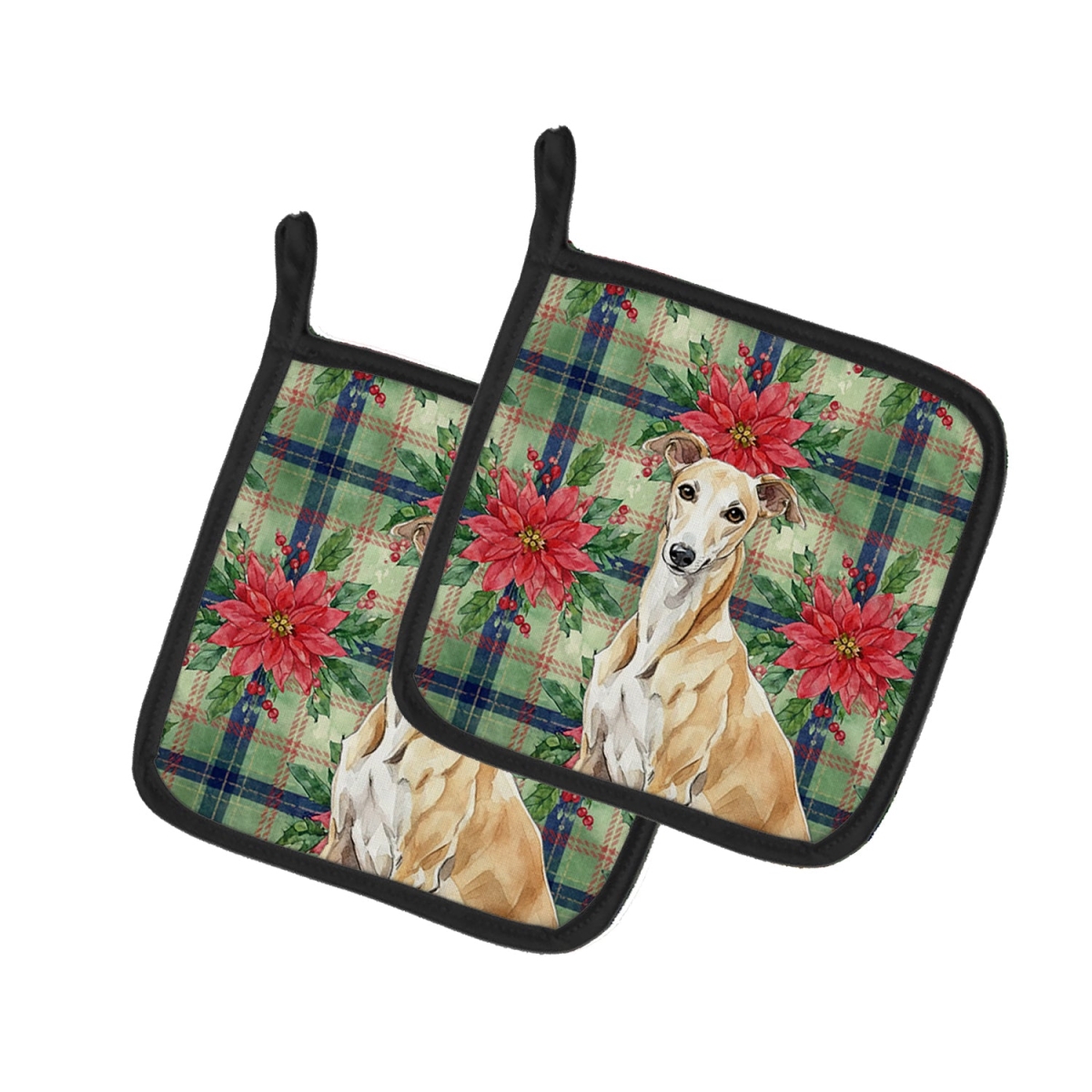 Picture of Carolines Treasures WDK8664PTHD Unisex Adult Fawn Greyhound Christmas Poinsettias Pot Holders - 7.5 x 7.5 in. - Set of 2