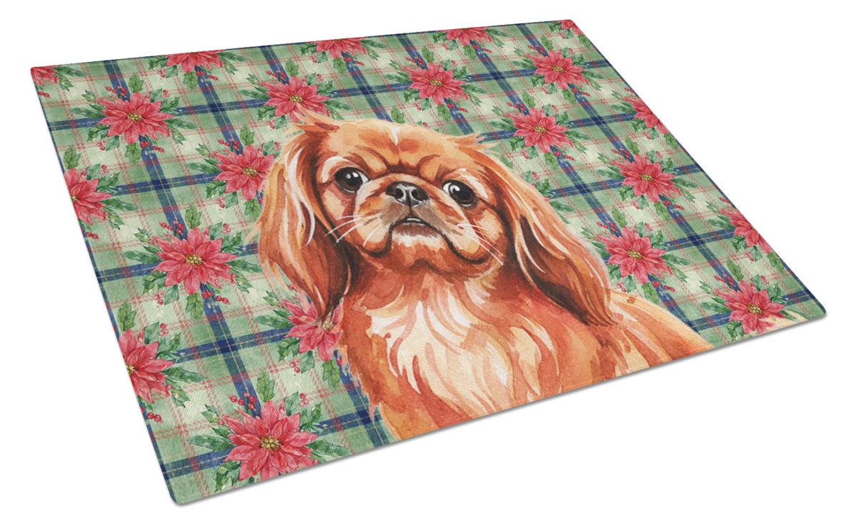 Picture of Carolines Treasures WDK8751LCB Unisex Adult Red Pekingese Christmas Poinsettias Glass Cutting Board - 15 x 12 in.