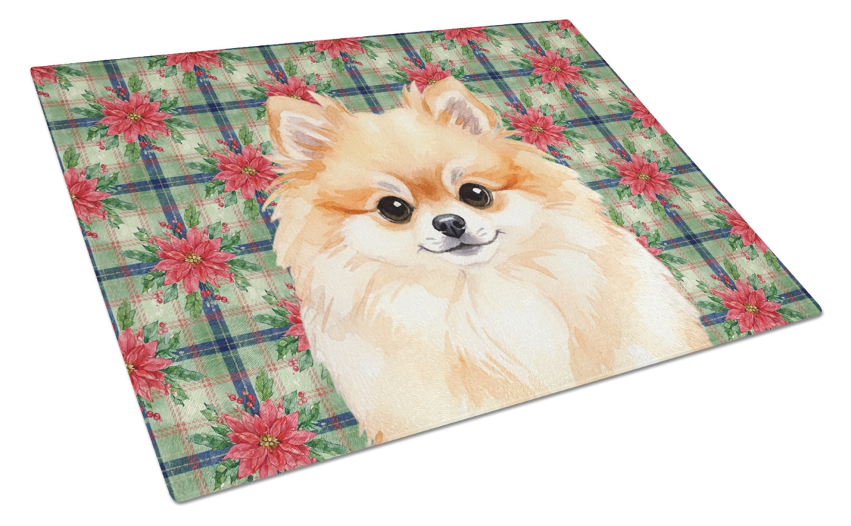 Picture of Carolines Treasures WDK8761LCB Unisex Adult Pomeranian Christmas Poinsettias Glass Cutting Board - 15 x 12 in.