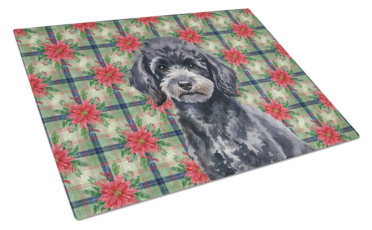 Picture of Carolines Treasures WDK8773LCB Unisex Adult Toy Black Poodle Christmas Poinsettias Glass Cutting Board - 15 x 12 in.