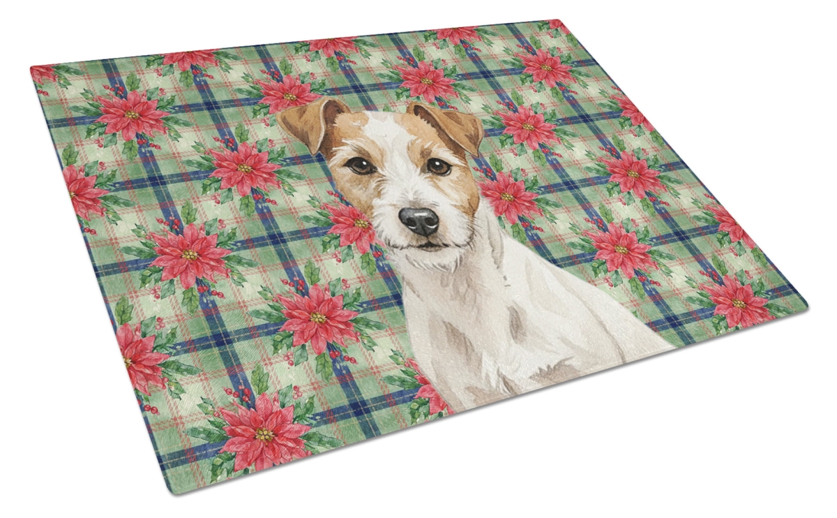 Picture of Carolines Treasures WDK8790LCB Unisex Adult White with Tan Markings Russell Terrier Christmas Poinsettias Glass Cutting Board - 15 x 12 in.