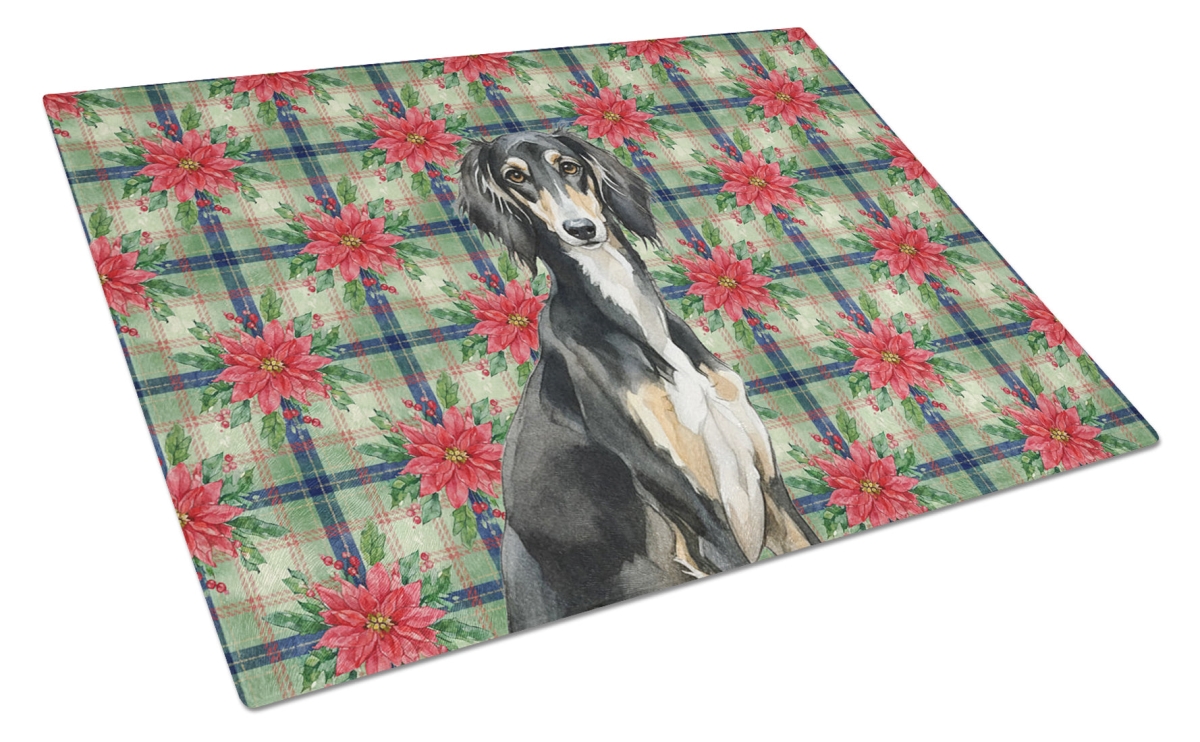 Picture of Carolines Treasures WDK8794LCB Unisex Adult Black & Tan Saluki Christmas Poinsettias Glass Cutting Board - 15 x 12 in.