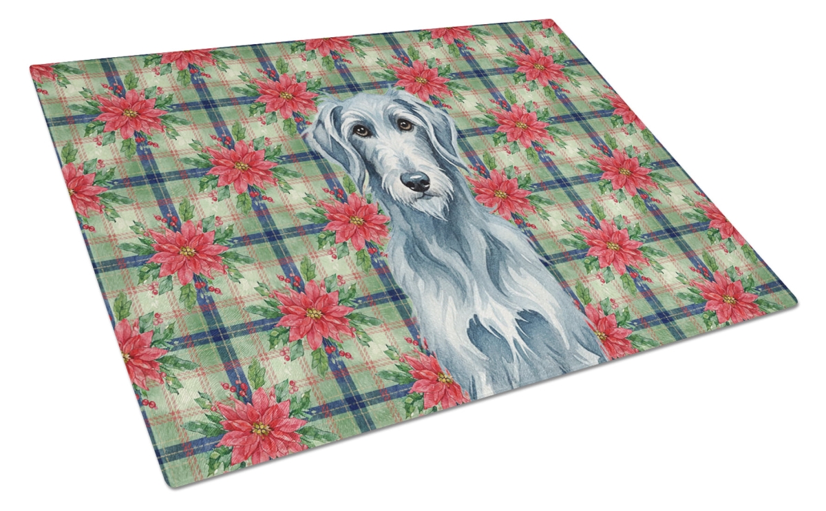 Picture of Carolines Treasures WDK8802LCB Unisex Adult Blue-Gray Scottish Deerhound Christmas Poinsettias Glass Cutting Board - 15 x 12 in.