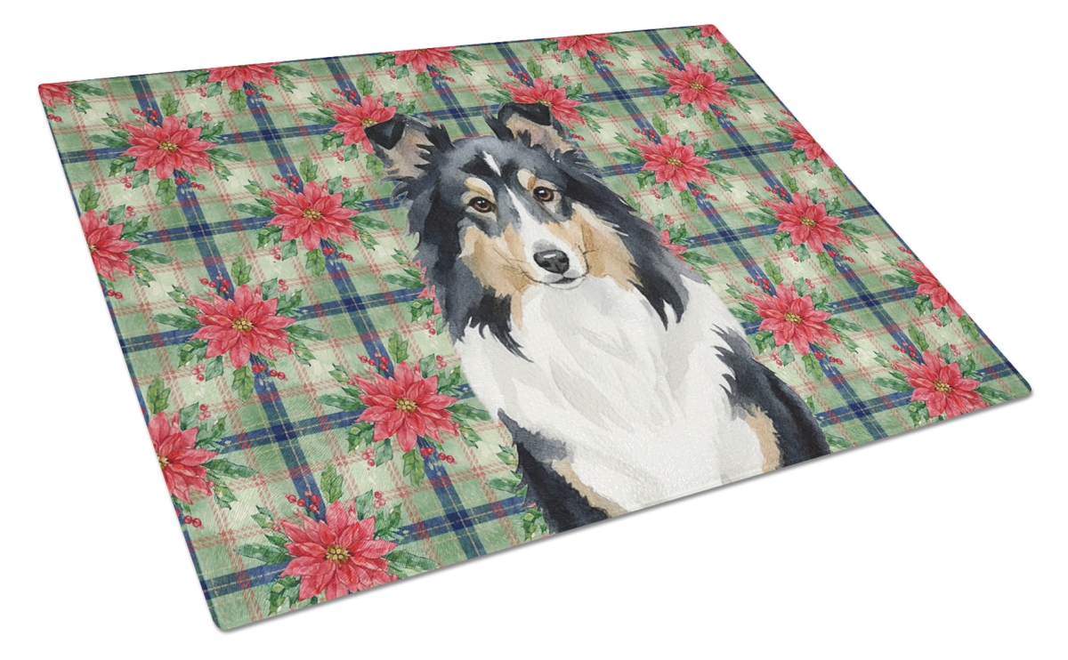 Picture of Carolines Treasures WDK8810LCB Unisex Adult Tricolor Sheltie Christmas Poinsettias Glass Cutting Board - 15 x 12 in.