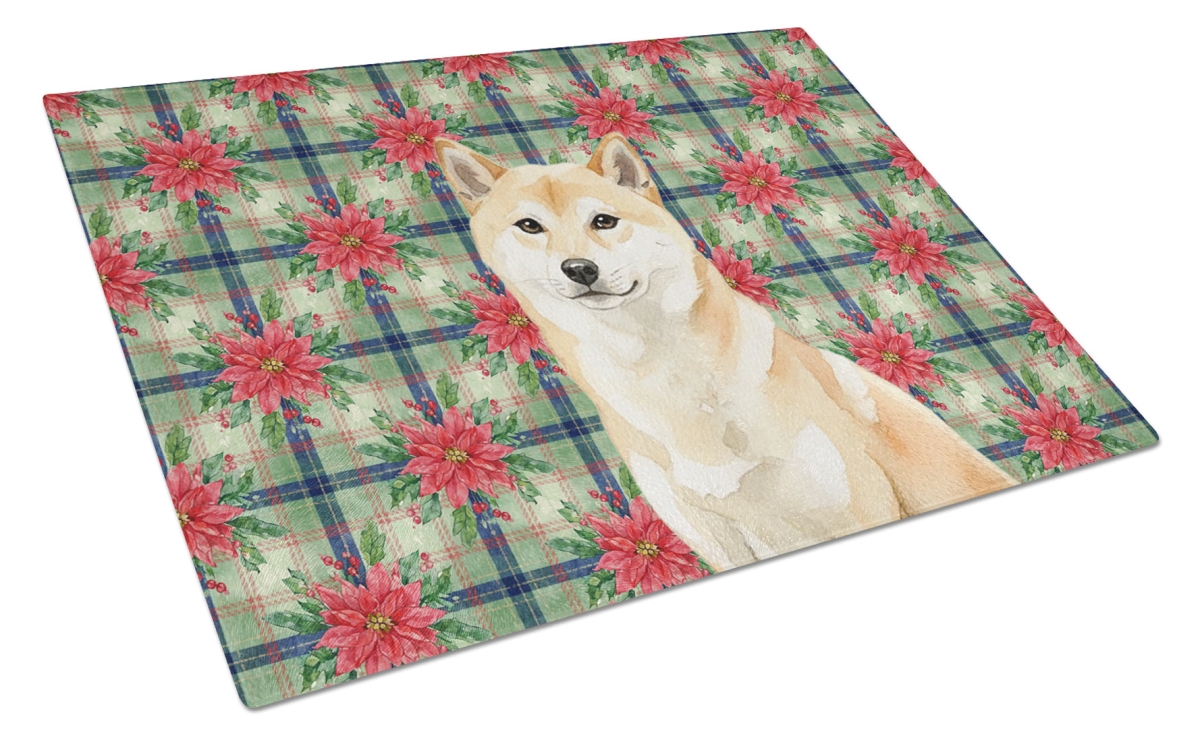 Picture of Carolines Treasures WDK8814LCB Unisex Adult Cream Shiba Inu Christmas Poinsettias Glass Cutting Board - 15 x 12 in.