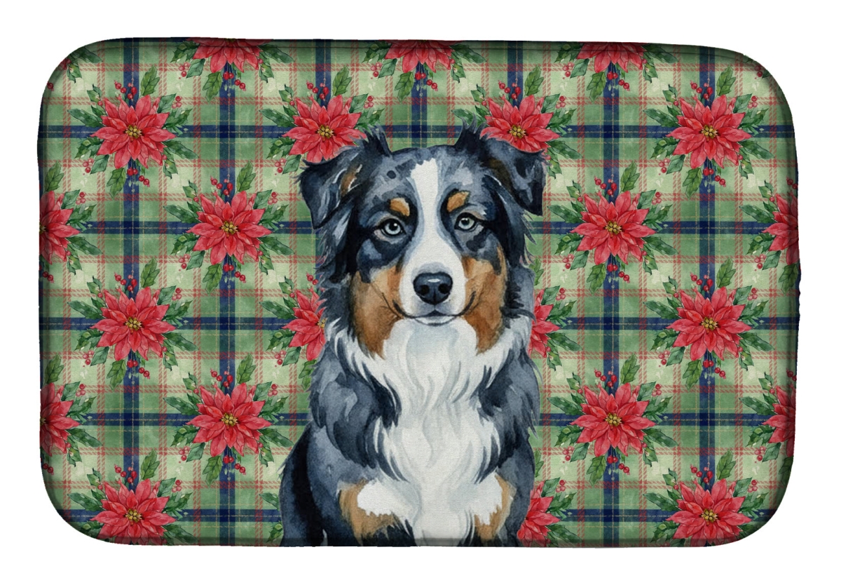 Picture of Carolines Treasures WDK8489DDM Unisex Adult Black Australian Shepherd Christmas Poinsettias Dish Drying Mat - 21 x 14 in.