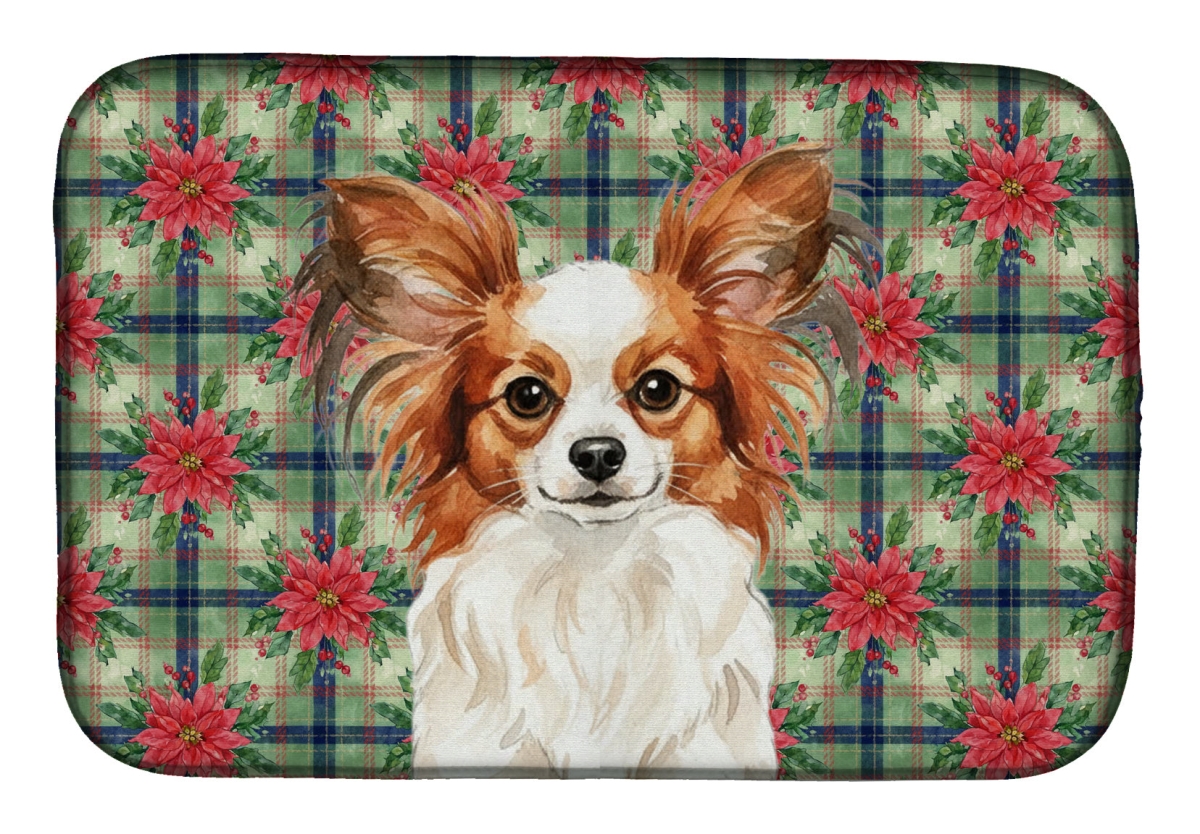 Picture of Carolines Treasures WDK8744DDM Unisex Adult White with Red Papillon Christmas Poinsettias Dish Drying Mat - 21 x 14 in.