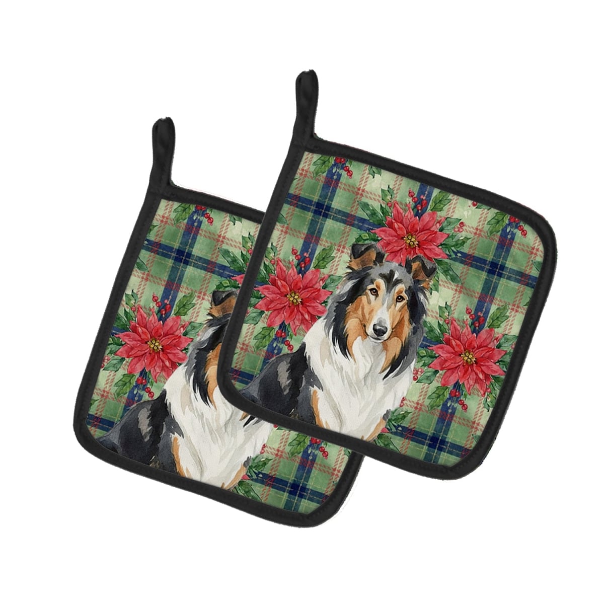 Picture of Carolines Treasures WDK8587PTHD Unisex Adult Tricolor Collie Christmas Poinsettias Pot Holders - 7.5 x 7.5 in. - Set of 2