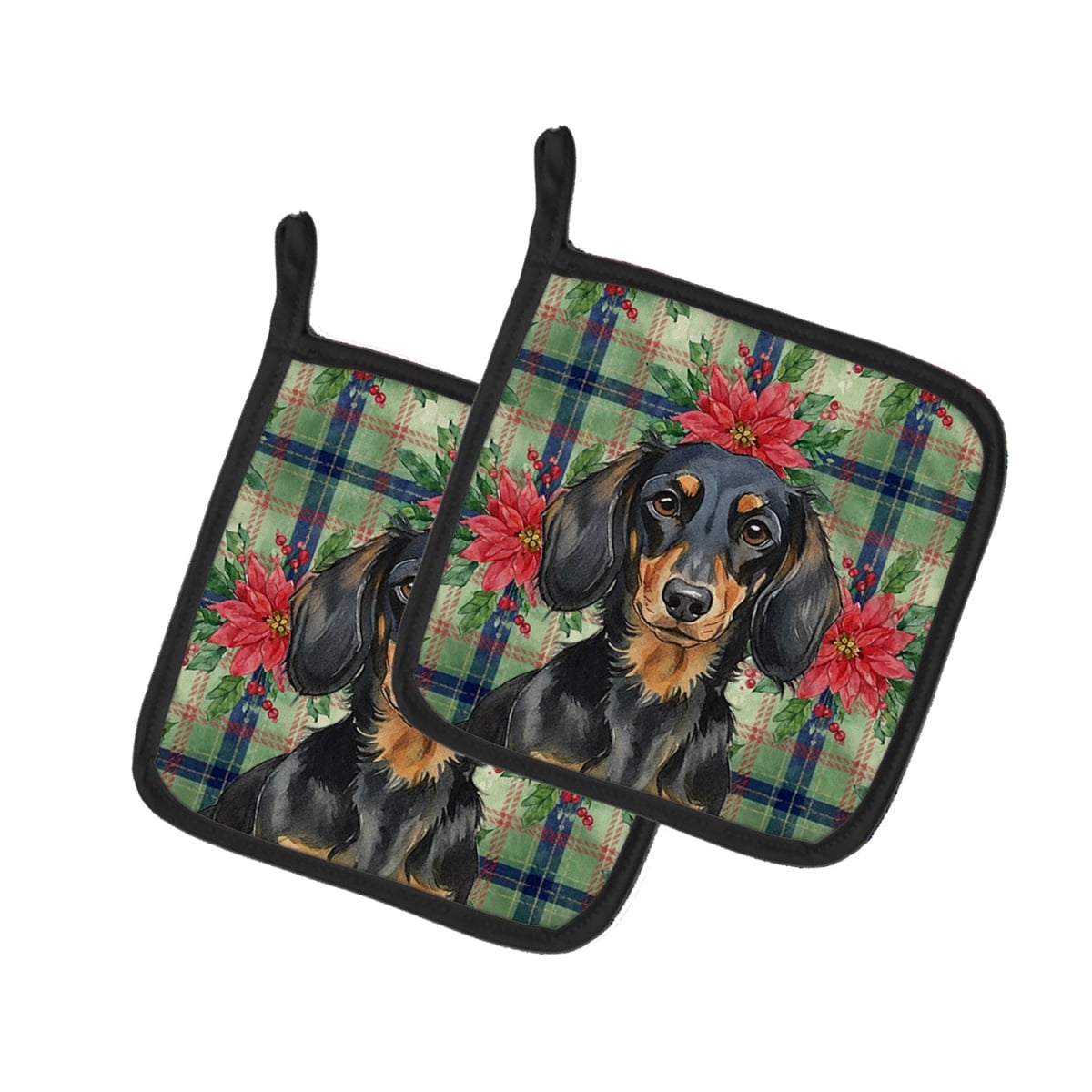 Picture of Carolines Treasures WDK8595PTHD Unisex Adult Longhaired Black & Tan Dachshund Christmas Poinsettias Pot Holders - 7.5 x 7.5 in. - Set of 2