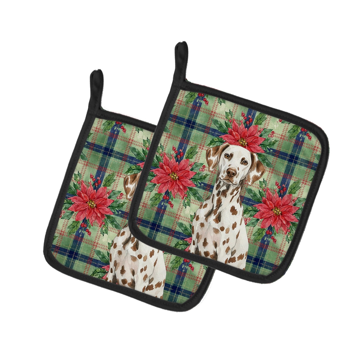 Picture of Carolines Treasures WDK8605PTHD Unisex Adult Liver Dalmatian Christmas Poinsettias Pot Holders - 7.5 x 7.5 in. - Set of 2