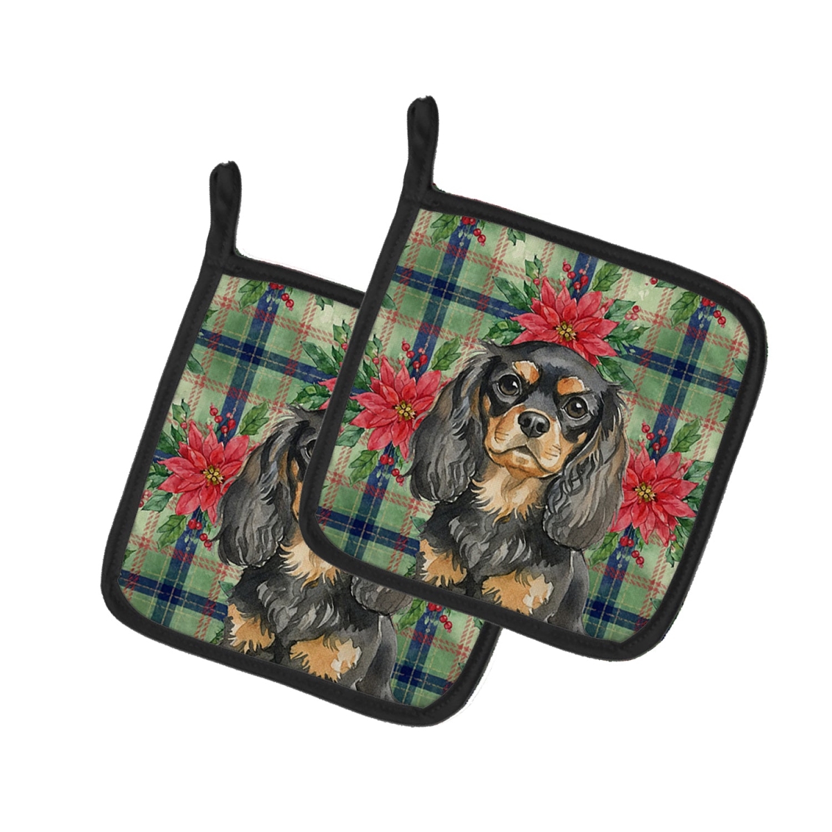 Picture of Carolines Treasures WDK8634PTHD Unisex Adult Black & Tan English Toy Spaniel Christmas Poinsettias Pot Holders - 7.5 x 7.5 in. - Set of 2