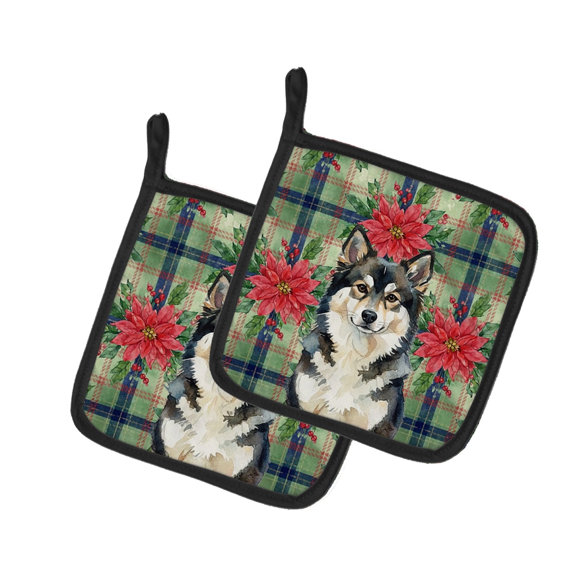 Picture of Carolines Treasures WDK8637PTHD Unisex Adult Finnish Lapphund Christmas Poinsettias Pot Holders - 7.5 x 7.5 in. - Set of 2