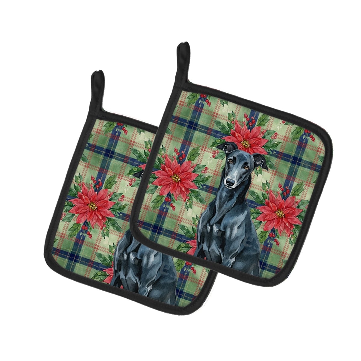 Picture of Carolines Treasures WDK8661PTHD Unisex Adult Black Greyhound Christmas Poinsettias Pot Holders - 7.5 x 7.5 in. - Set of 2