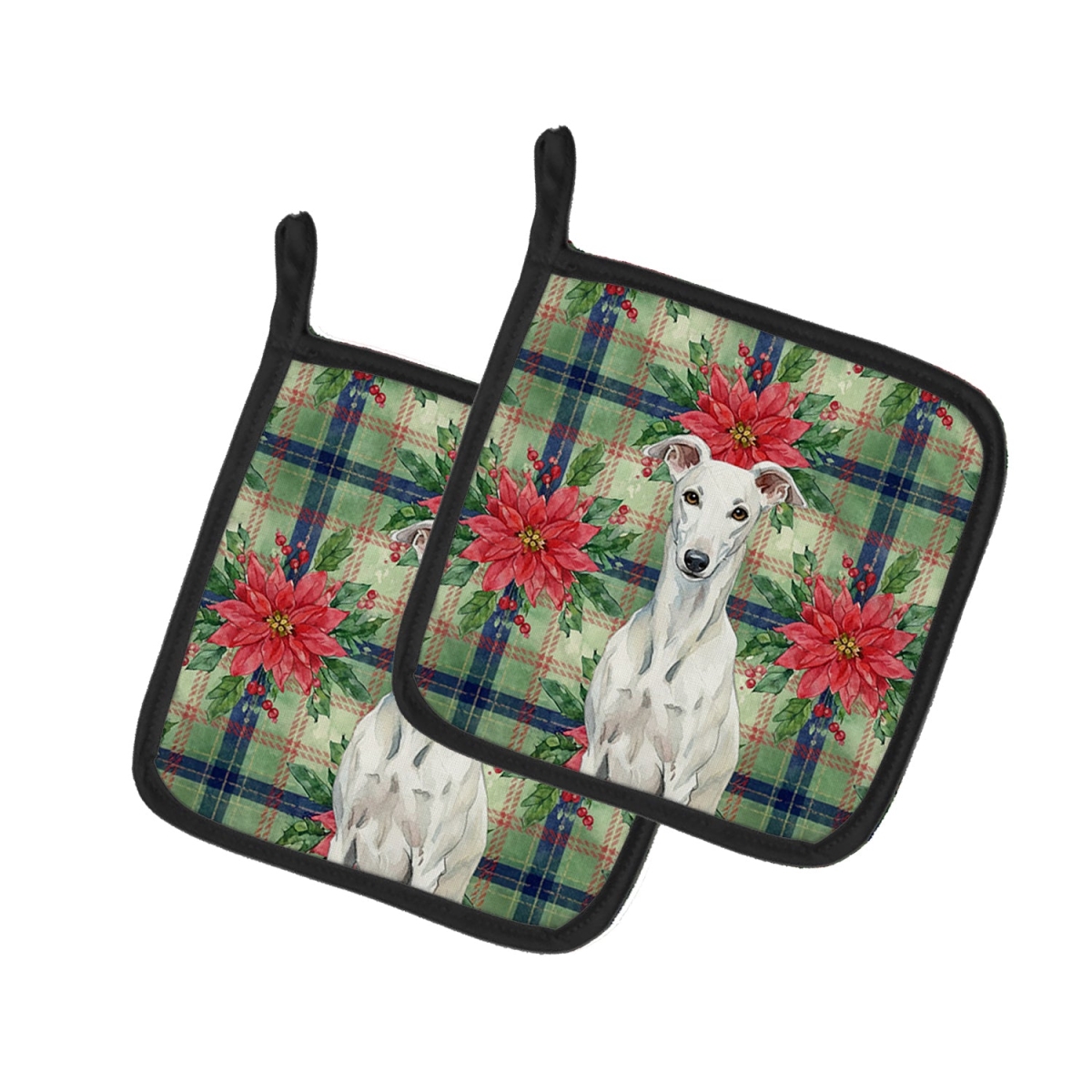 Picture of Carolines Treasures WDK8666PTHD Unisex Adult White Greyhound Christmas Poinsettias Pot Holders - 7.5 x 7.5 in. - Set of 2