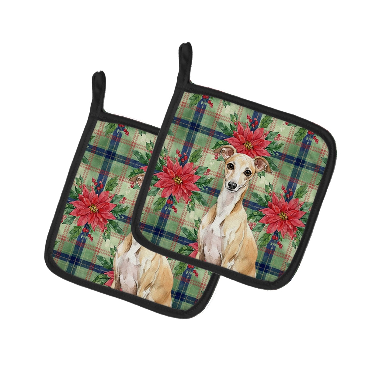 Picture of Carolines Treasures WDK8680PTHD Unisex Adult Fawn Italian Greyhound Christmas Poinsettias Pot Holders - 7.5 x 7.5 in. - Set of 2