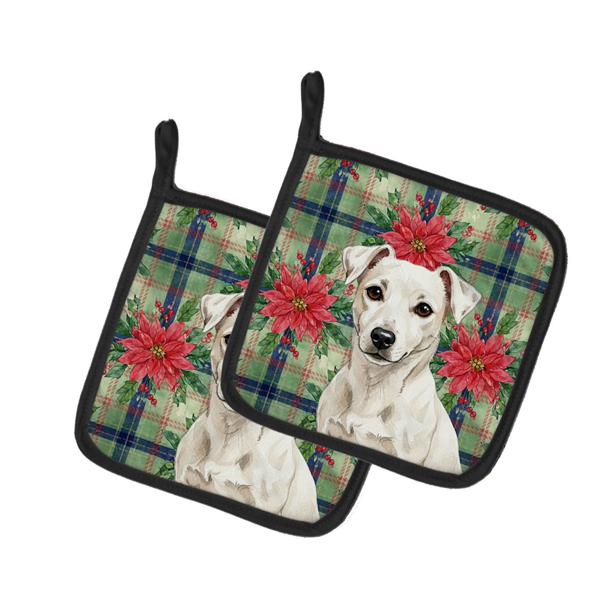 Picture of Carolines Treasures WDK8684PTHD Unisex Adult White Jack Russell Terrier Christmas Poinsettias Pot Holders - 7.5 x 7.5 in. - Set of 2