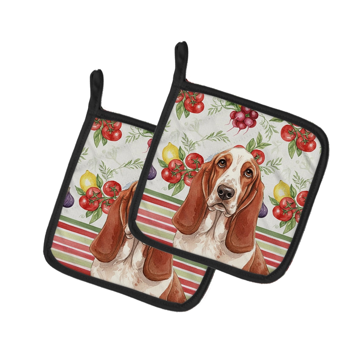 Picture of Carolines Treasures WDK8097PTHD Unisex Adult Red & White Basset Hound Vegetables Pot Holders - 7.5 x 7.5 in. - Set of 2