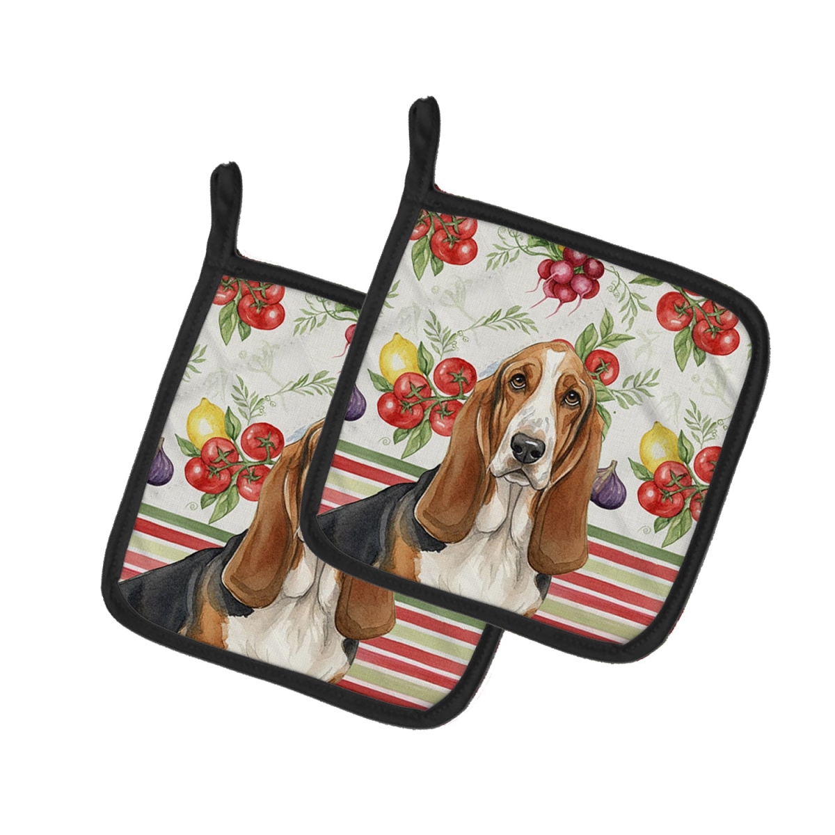 Picture of Carolines Treasures WDK8098PTHD Unisex Adult Tricolor & White Basset Hound Vegetables Pot Holders - 7.5 x 7.5 in. - Set of 2