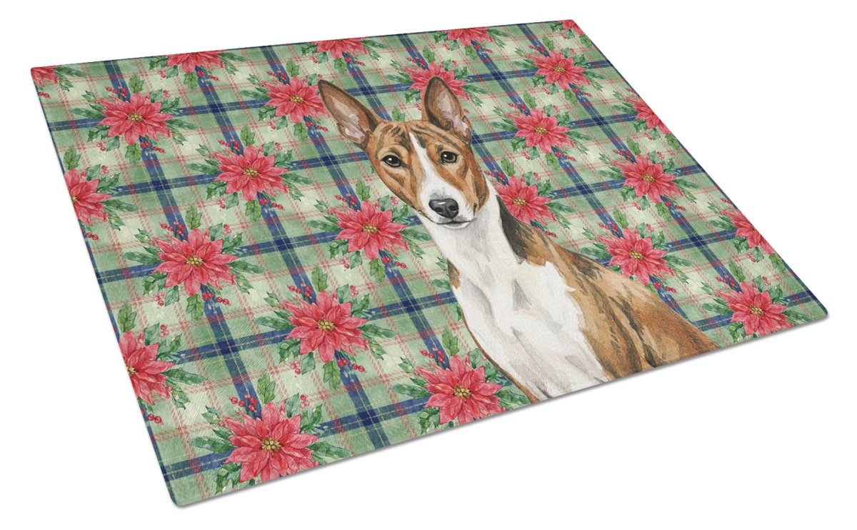 Picture of Carolines Treasures WDK8493LCB Unisex Adult Brindle & White Basenji Christmas Poinsettias Glass Cutting Board - 15 x 12 in.