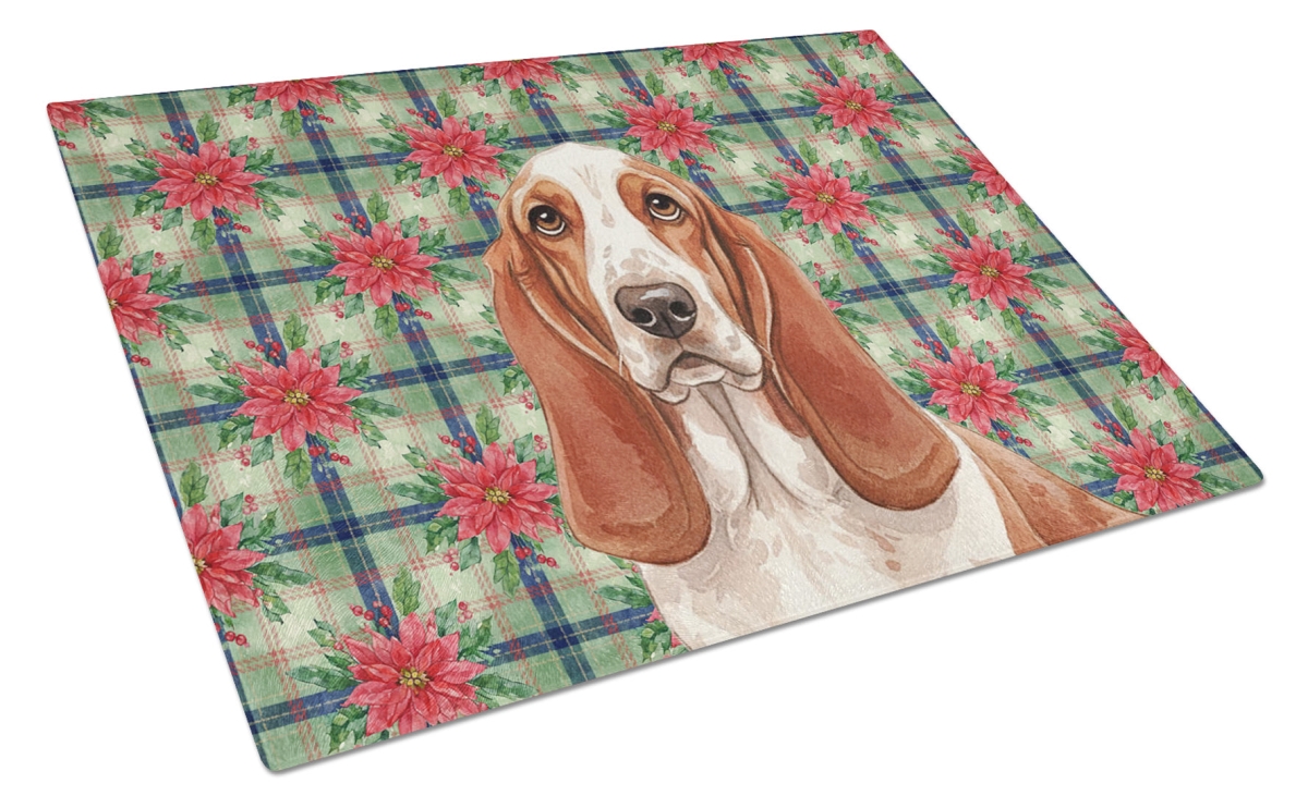 Picture of Carolines Treasures WDK8497LCB Unisex Adult Red & White Basset Hound Christmas Poinsettias Glass Cutting Board - 15 x 12 in.