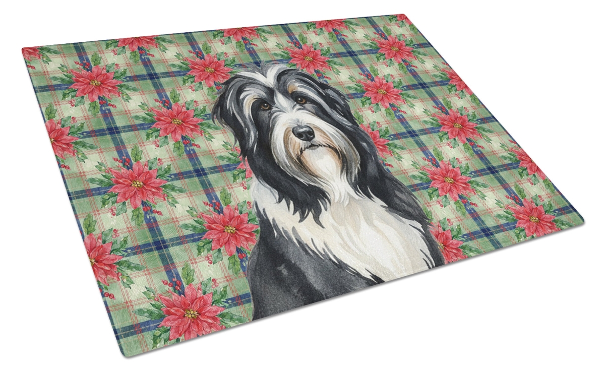 Picture of Carolines Treasures WDK8501LCB Unisex Adult Black Bearded Collie Christmas Poinsettias Glass Cutting Board - 15 x 12 in.
