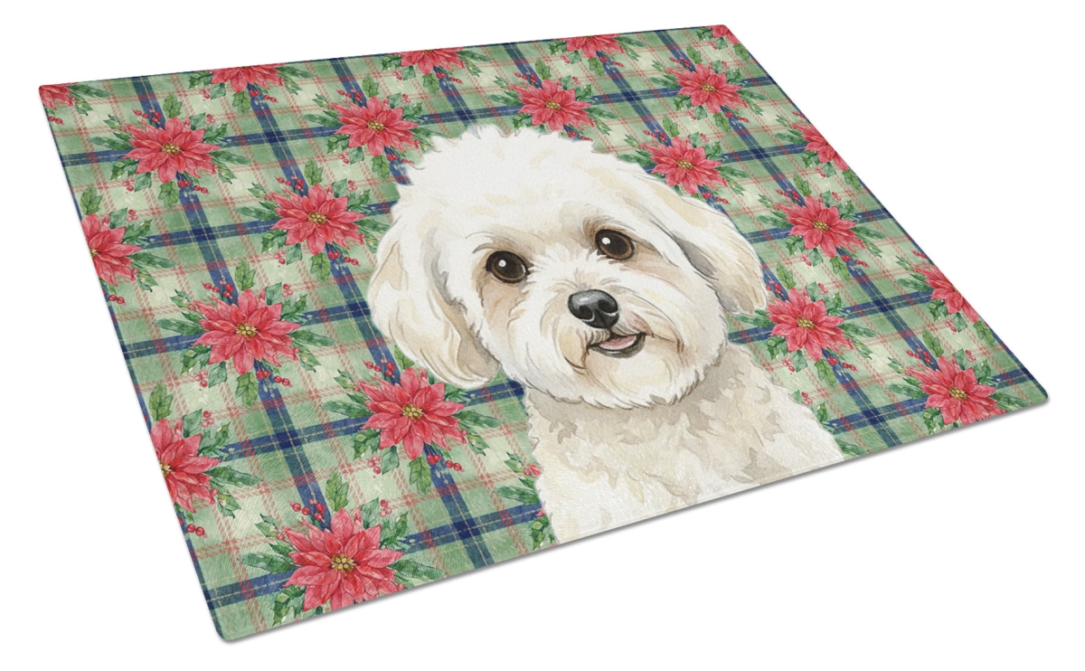 Picture of Carolines Treasures WDK8515LCB Unisex Adult White & Cream Bichon Frise Christmas Poinsettias Glass Cutting Board - 15 x 12 in.