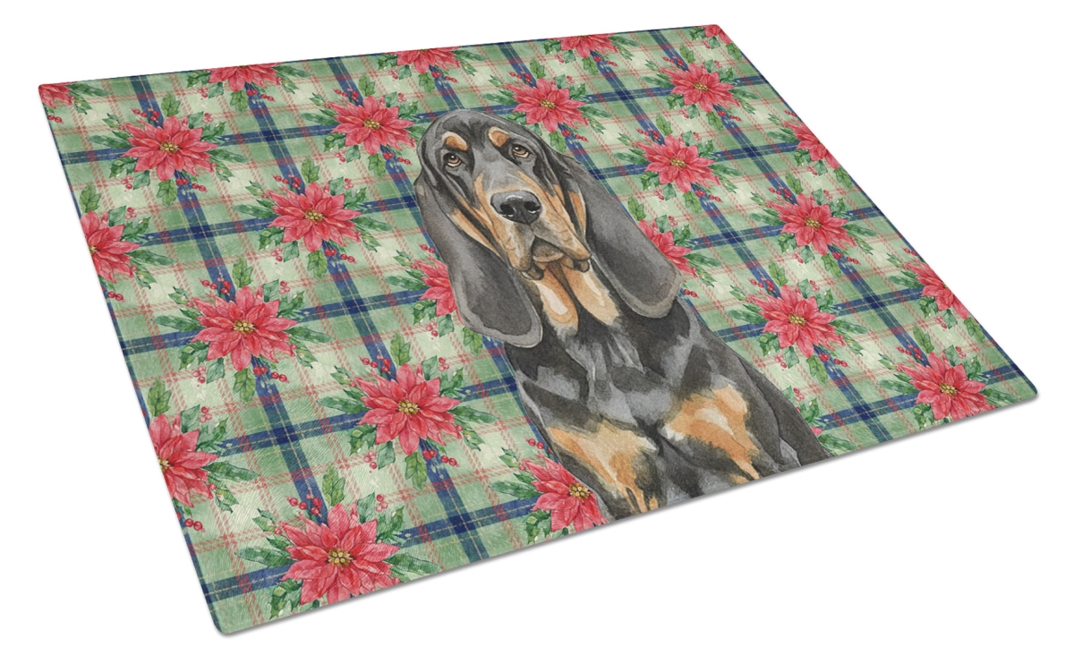 Picture of Carolines Treasures WDK8517LCB Unisex Adult Black & Tan Bloodhound Christmas Poinsettias Glass Cutting Board - 15 x 12 in.