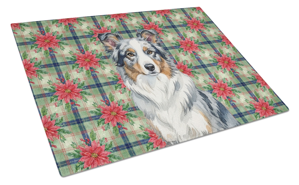 Picture of Carolines Treasures WDK8522LCB Unisex Adult Blue Merle Border Collie Christmas Poinsettias Glass Cutting Board - 15 x 12 in.