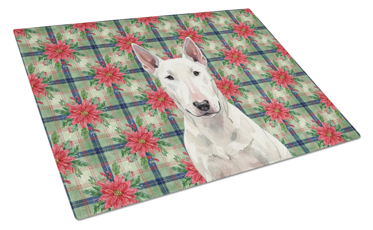 Picture of Carolines Treasures WDK8552LCB Unisex Adult White Bull Terrier Christmas Poinsettias Glass Cutting Board - 15 x 12 in.