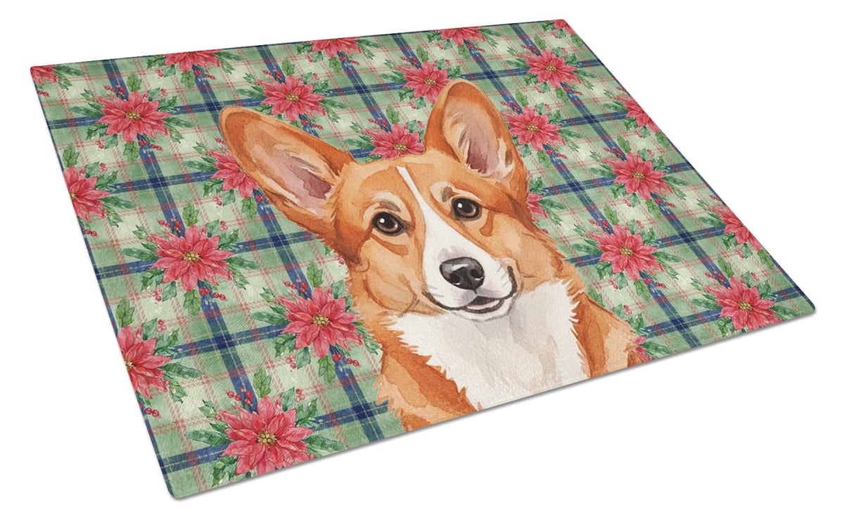 Picture of Carolines Treasures WDK8561LCB Unisex Adult Red Cardigan Welsh Corgi Christmas Poinsettias Glass Cutting Board - 15 x 12 in.