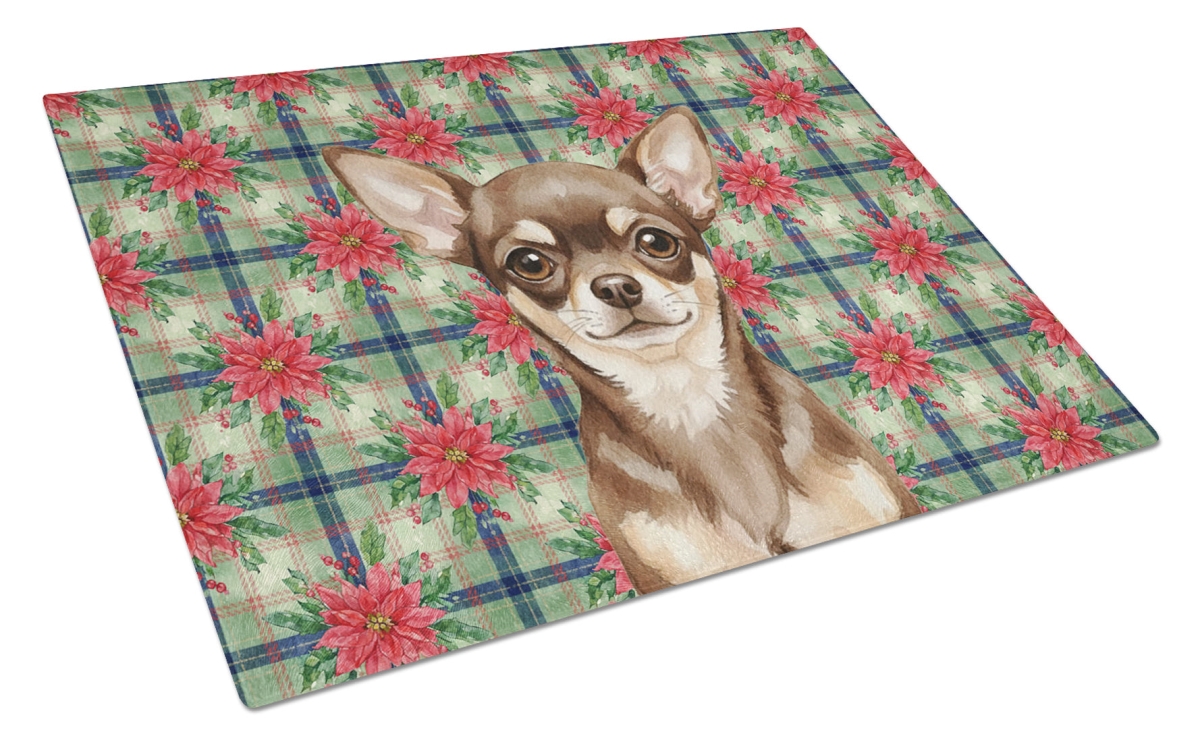 Picture of Carolines Treasures WDK8570LCB Unisex Adult Chocolate Chihuahua Christmas Poinsettias Glass Cutting Board - 15 x 12 in.